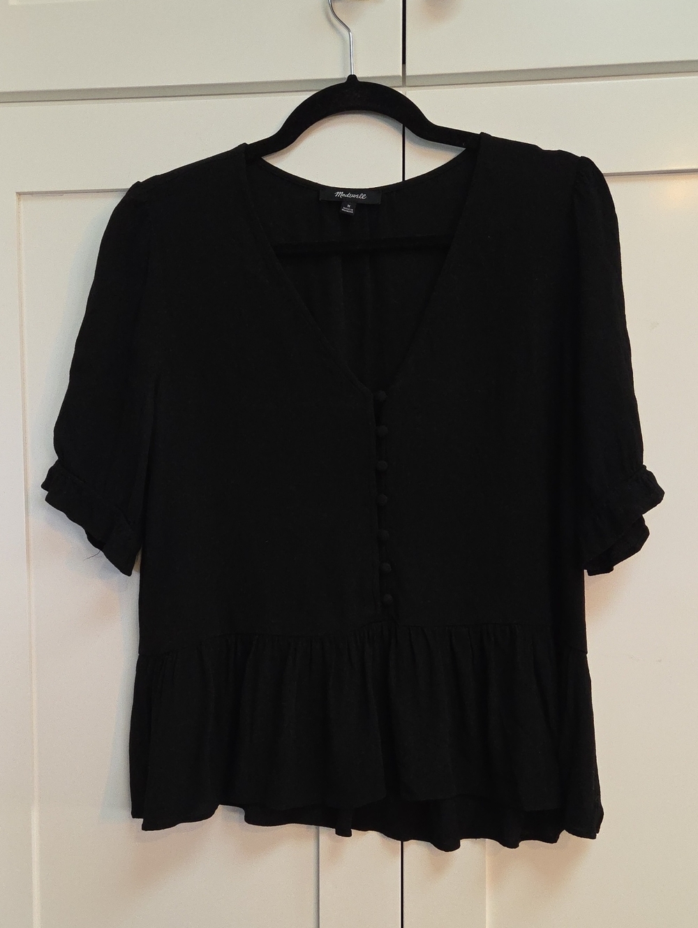 Madewell Black V-Neck Peplum Button-Front Blouse